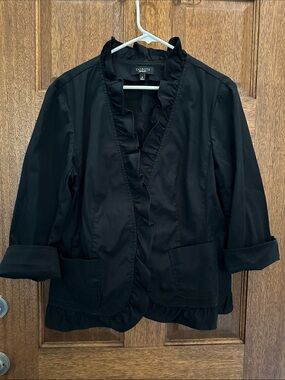 Talbots Black Ruffle-Trim Open Front Blazer with front pockets size 18